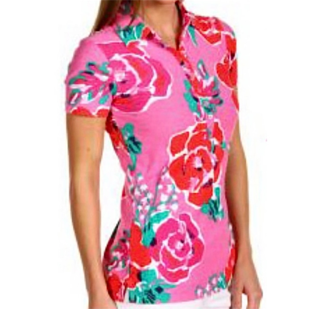 LILLY PULITZER  Just Love Polo Top Sz S Small Pink Red Floral Rose Short Sleeve